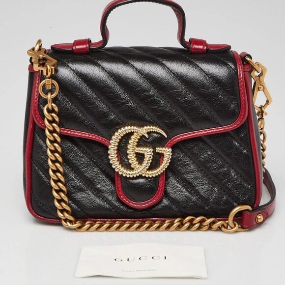 Gucci Black/Red Quilted Leather Marmont Mini Torchon Top Handle Crossbody Bag - Picture 2 of 12